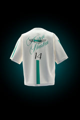 Off White Cream Oversized t-shirt with ASTON MARTIN written and logo and 14 number with green accents