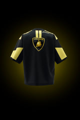 Back of black Lamborghini-inspired oversized racing T-shirt with yellow shield graphic and racing stripes