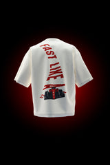 Fast Like a Ferrari oversized F1 racing T-shirt with red racing car graphic and bold back typography