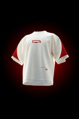 White oversized F1 racing T-shirt with Ferrari-inspired red motorsport detailing