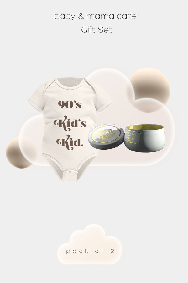 90's Kid - Baby & Mama Care Gift Set - Short Sleeve Rompers & Luxury Scented Candle