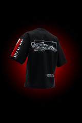 Side view of limited edition oversized F1 T-shirt with red and white racing-inspired sleeve graphics