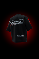 Back view of limited edition oversized F1 T-shirt with red and white racing-inspired sleeve graphics