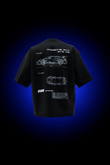 Back of black Porsche 911 GT3 RS-inspired oversized T-shirt with technical car illustrations
