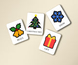 Set of Christmas-themed flashcards with illustrations and text on a beige background