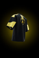 Side view of Lamborghini-inspired oversized T-shirt with bold yellow motorsport sleeve graphics