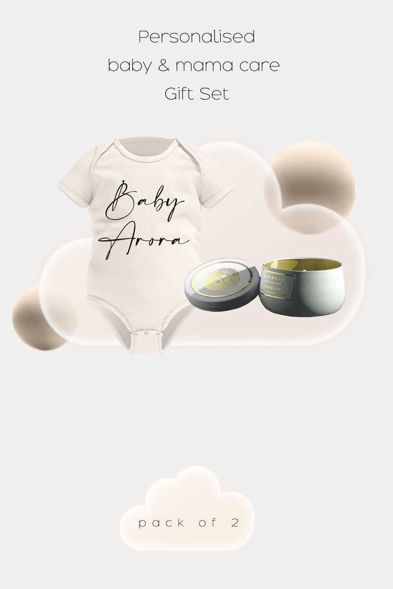 Personalised - Baby & Mama Care Gift Set - Short Sleeve Rompers & Luxury Scented Candle