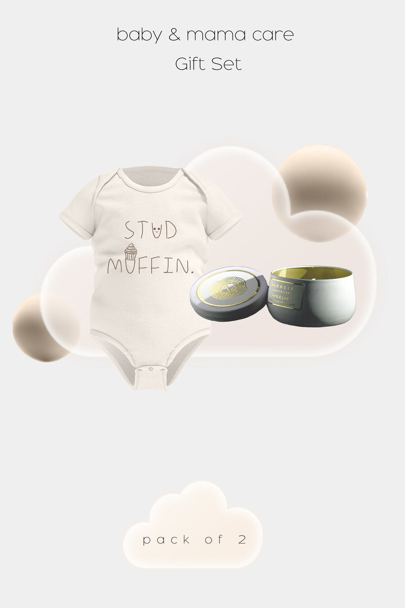 Stud Muffin - Baby & Mama Care Gift Set - Short Sleeve Rompers & Luxury Scented Candle